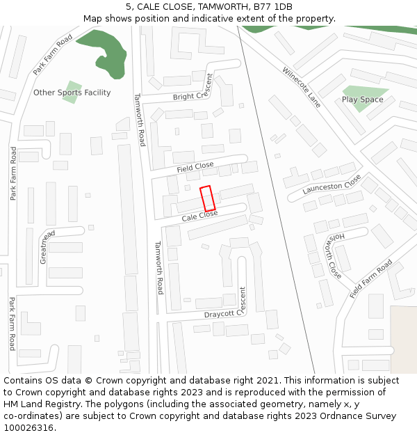 5, CALE CLOSE, TAMWORTH, B77 1DB: Location map and indicative extent of plot