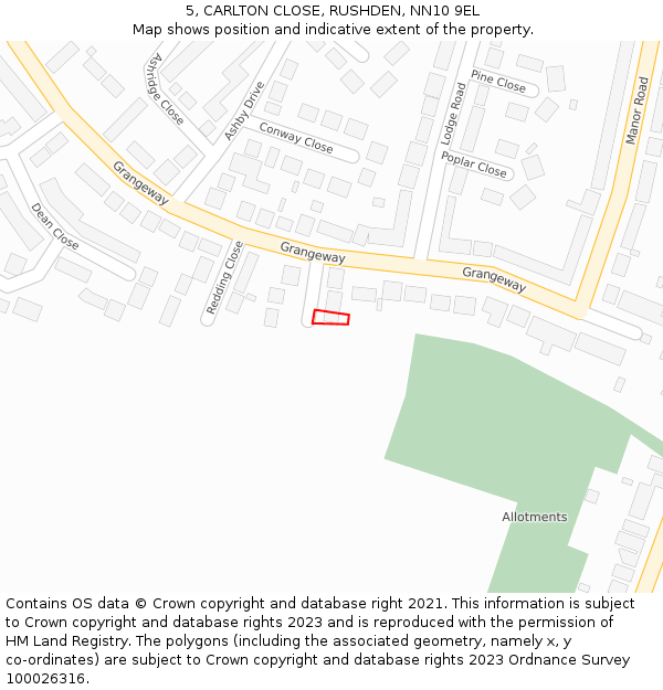 5, CARLTON CLOSE, RUSHDEN, NN10 9EL: Location map and indicative extent of plot