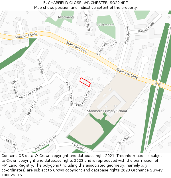 5, CHARFIELD CLOSE, WINCHESTER, SO22 4PZ: Location map and indicative extent of plot