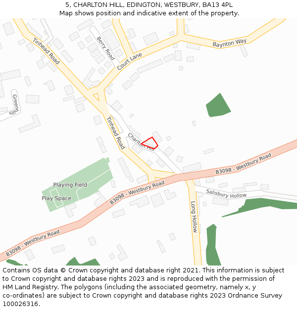 5, CHARLTON HILL, EDINGTON, WESTBURY, BA13 4PL: Location map and indicative extent of plot