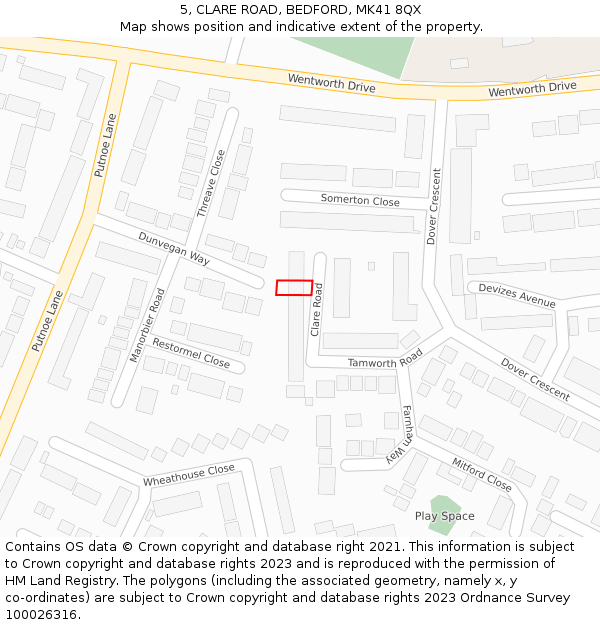 5, CLARE ROAD, BEDFORD, MK41 8QX: Location map and indicative extent of plot