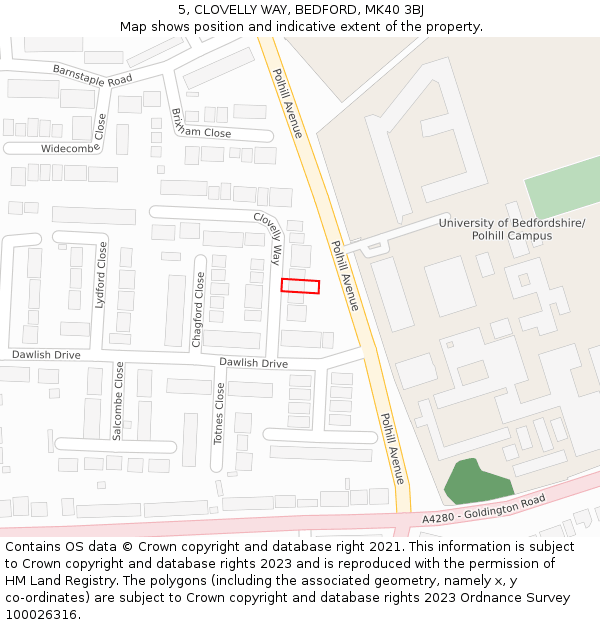 5, CLOVELLY WAY, BEDFORD, MK40 3BJ: Location map and indicative extent of plot