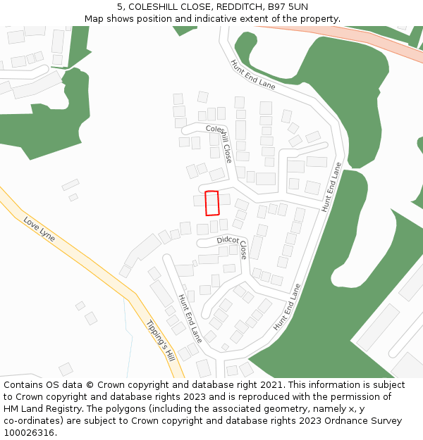 5, COLESHILL CLOSE, REDDITCH, B97 5UN: Location map and indicative extent of plot
