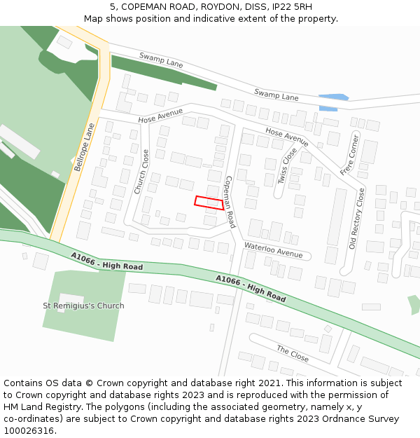 5, COPEMAN ROAD, ROYDON, DISS, IP22 5RH: Location map and indicative extent of plot