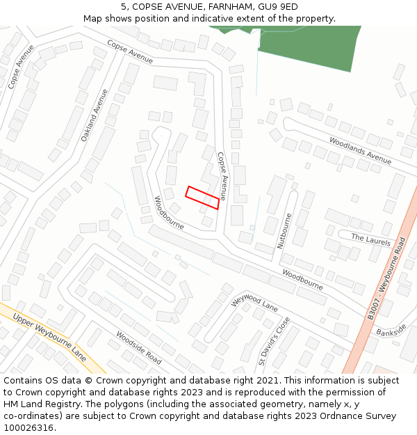 5, COPSE AVENUE, FARNHAM, GU9 9ED: Location map and indicative extent of plot