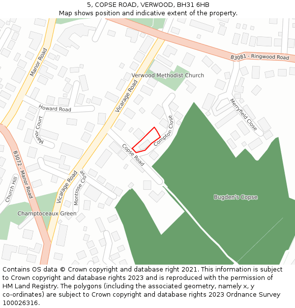 5, COPSE ROAD, VERWOOD, BH31 6HB: Location map and indicative extent of plot