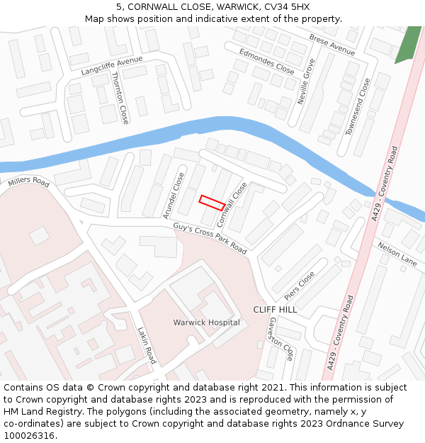 5, CORNWALL CLOSE, WARWICK, CV34 5HX: Location map and indicative extent of plot