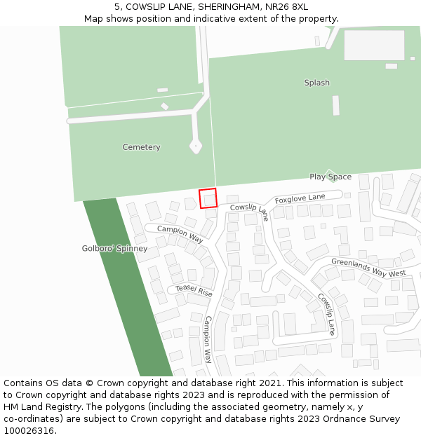 5, COWSLIP LANE, SHERINGHAM, NR26 8XL: Location map and indicative extent of plot