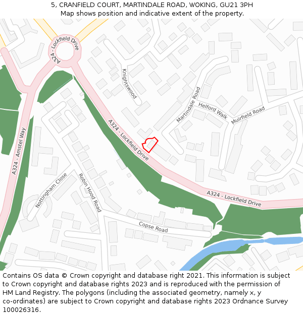 5, CRANFIELD COURT, MARTINDALE ROAD, WOKING, GU21 3PH: Location map and indicative extent of plot