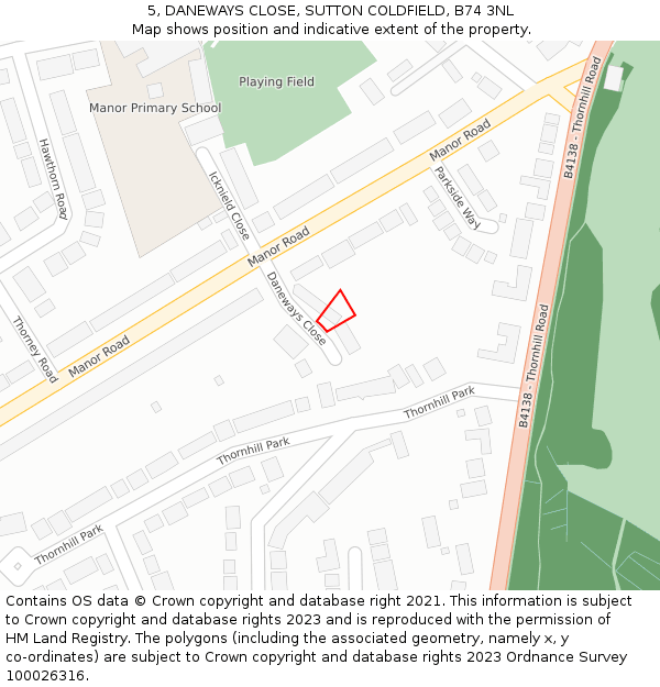 5, DANEWAYS CLOSE, SUTTON COLDFIELD, B74 3NL: Location map and indicative extent of plot