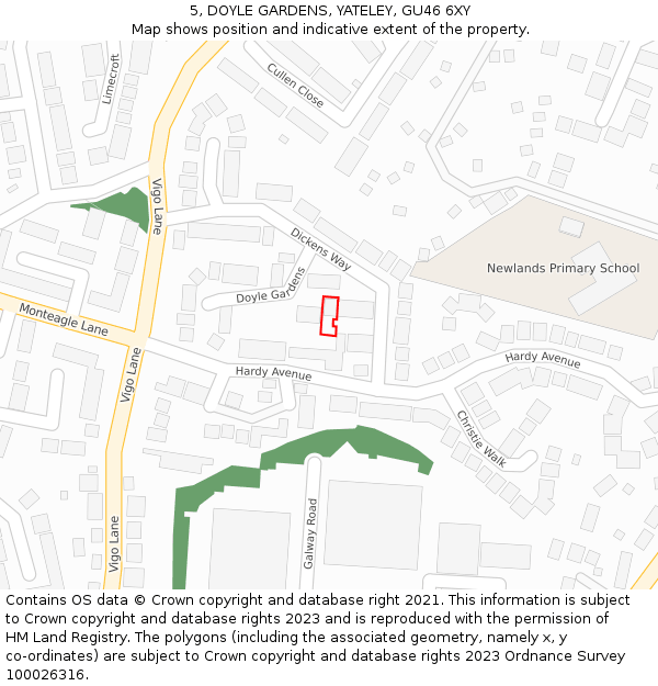 5, DOYLE GARDENS, YATELEY, GU46 6XY: Location map and indicative extent of plot