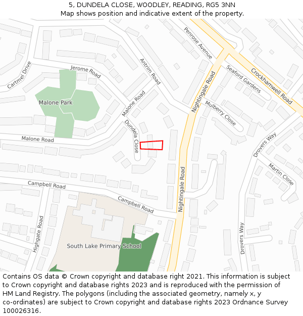 5, DUNDELA CLOSE, WOODLEY, READING, RG5 3NN: Location map and indicative extent of plot