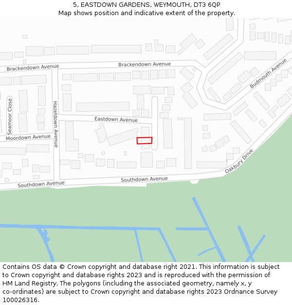 5, EASTDOWN GARDENS, WEYMOUTH, DT3 6QP: Location map and indicative extent of plot