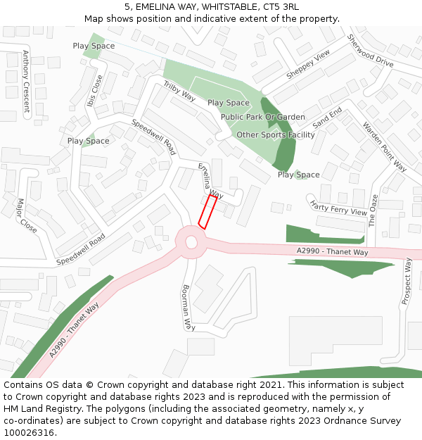 5, EMELINA WAY, WHITSTABLE, CT5 3RL: Location map and indicative extent of plot