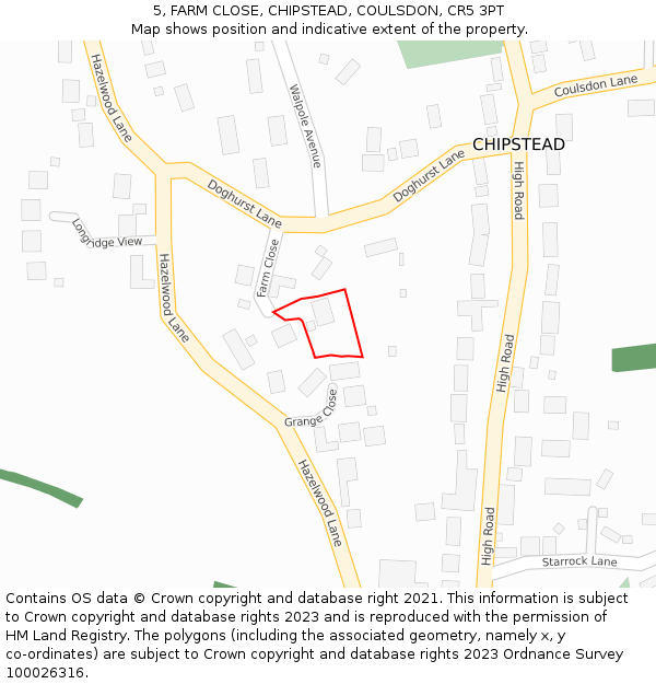 5, FARM CLOSE, CHIPSTEAD, COULSDON, CR5 3PT: Location map and indicative extent of plot