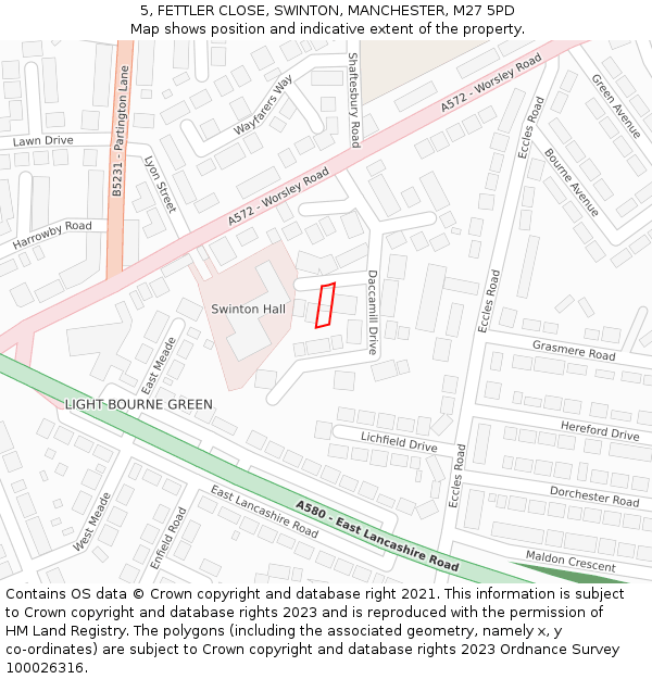 5, FETTLER CLOSE, SWINTON, MANCHESTER, M27 5PD: Location map and indicative extent of plot