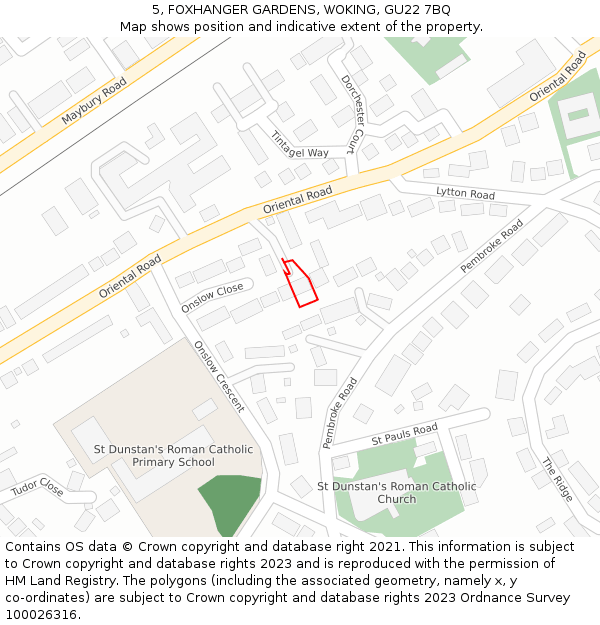 5, FOXHANGER GARDENS, WOKING, GU22 7BQ: Location map and indicative extent of plot