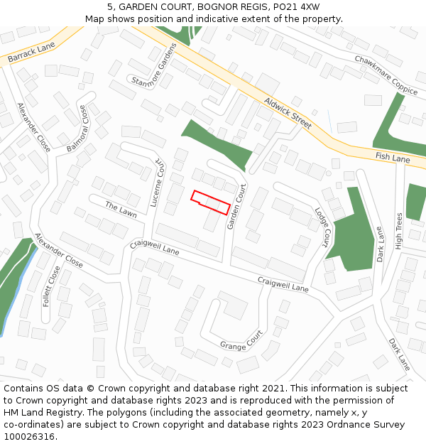 5, GARDEN COURT, BOGNOR REGIS, PO21 4XW: Location map and indicative extent of plot