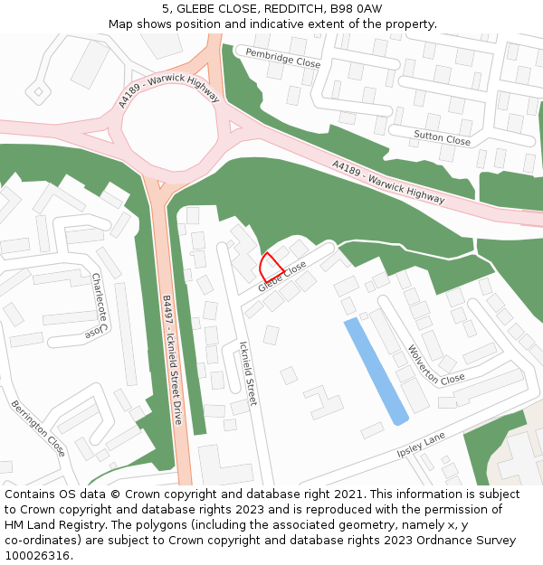 5, GLEBE CLOSE, REDDITCH, B98 0AW: Location map and indicative extent of plot