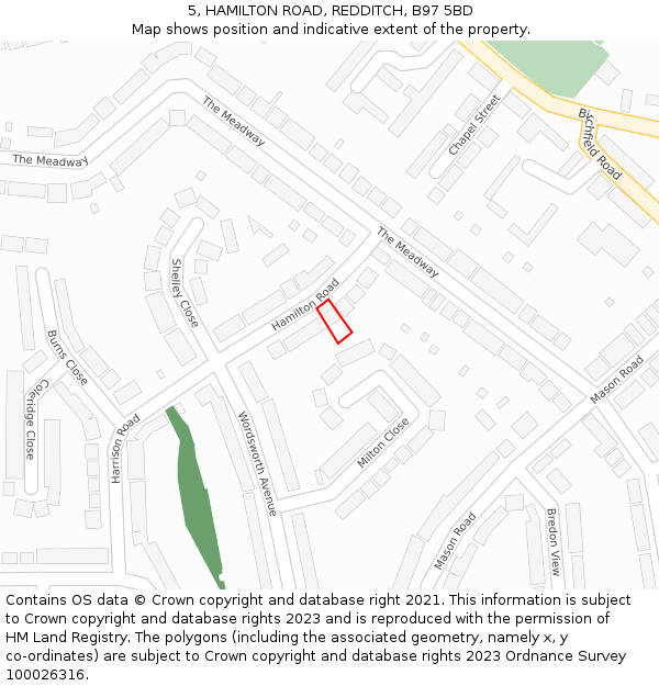 5, HAMILTON ROAD, REDDITCH, B97 5BD: Location map and indicative extent of plot