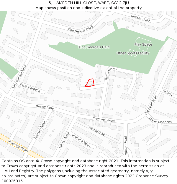 5, HAMPDEN HILL CLOSE, WARE, SG12 7JU: Location map and indicative extent of plot