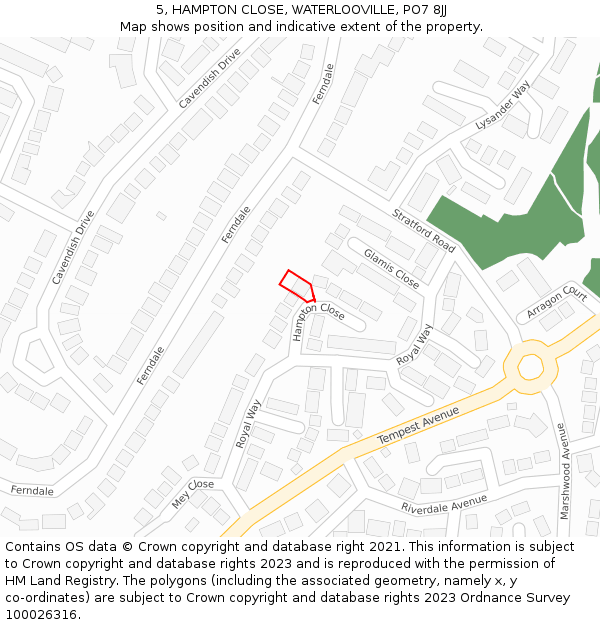 5, HAMPTON CLOSE, WATERLOOVILLE, PO7 8JJ: Location map and indicative extent of plot