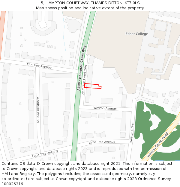 5, HAMPTON COURT WAY, THAMES DITTON, KT7 0LS: Location map and indicative extent of plot