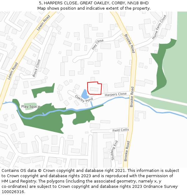 5, HARPERS CLOSE, GREAT OAKLEY, CORBY, NN18 8HD: Location map and indicative extent of plot