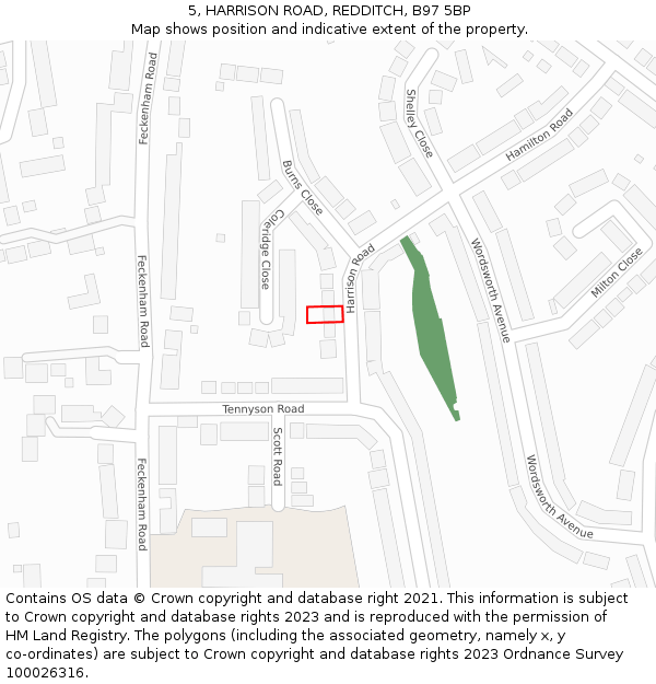 5, HARRISON ROAD, REDDITCH, B97 5BP: Location map and indicative extent of plot