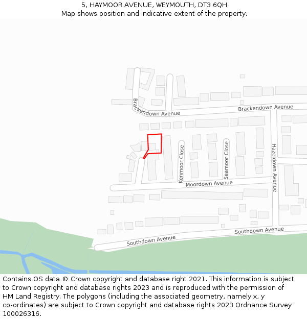 5, HAYMOOR AVENUE, WEYMOUTH, DT3 6QH: Location map and indicative extent of plot