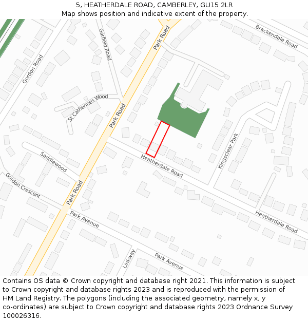 5, HEATHERDALE ROAD, CAMBERLEY, GU15 2LR: Location map and indicative extent of plot