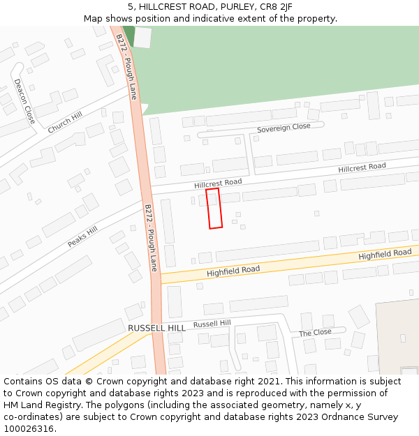 5, HILLCREST ROAD, PURLEY, CR8 2JF: Location map and indicative extent of plot