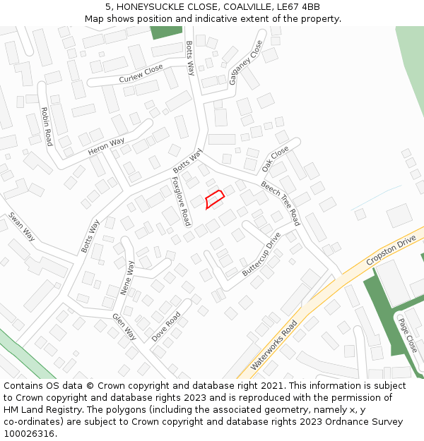 5, HONEYSUCKLE CLOSE, COALVILLE, LE67 4BB: Location map and indicative extent of plot