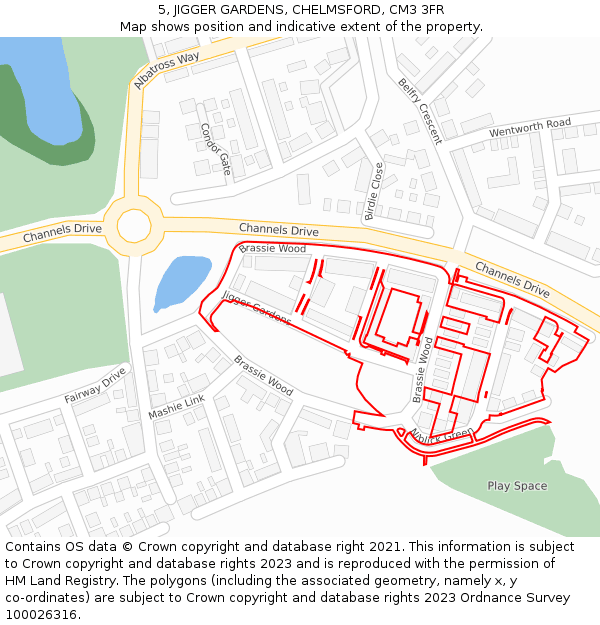 5, JIGGER GARDENS, CHELMSFORD, CM3 3FR: Location map and indicative extent of plot