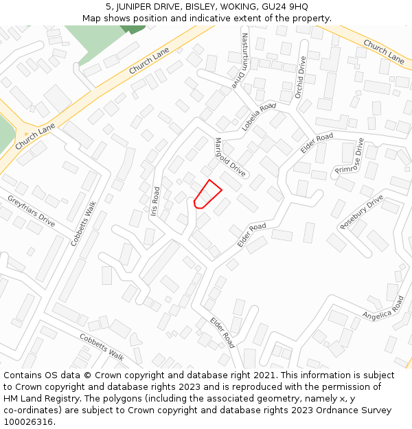 5, JUNIPER DRIVE, BISLEY, WOKING, GU24 9HQ: Location map and indicative extent of plot