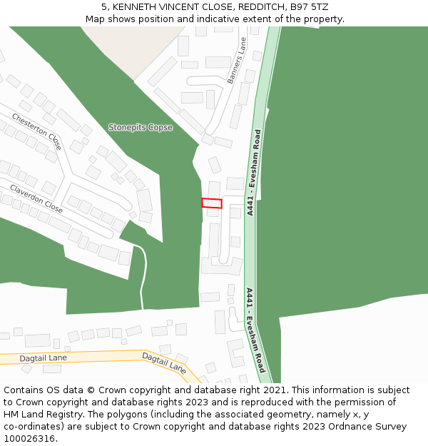 5, KENNETH VINCENT CLOSE, REDDITCH, B97 5TZ: Location map and indicative extent of plot