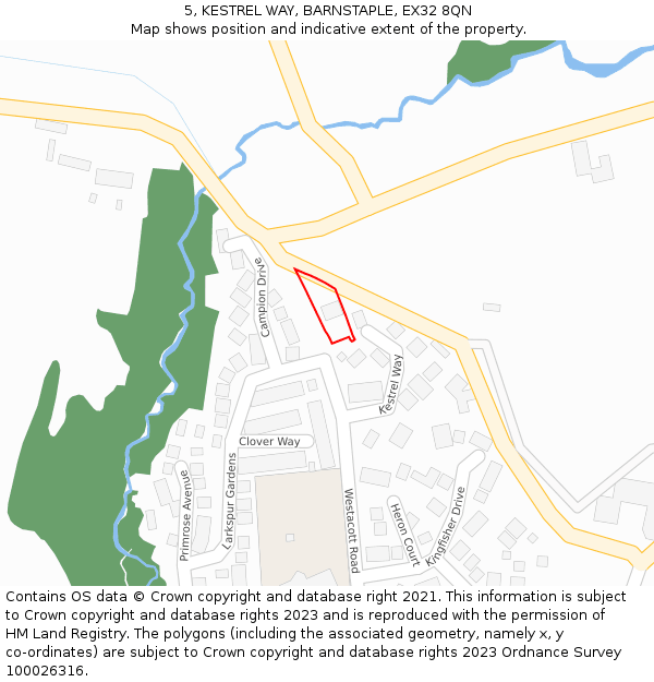 5, KESTREL WAY, BARNSTAPLE, EX32 8QN: Location map and indicative extent of plot