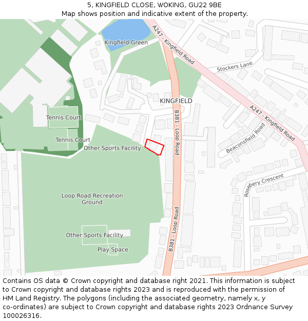 5, KINGFIELD CLOSE, WOKING, GU22 9BE: Location map and indicative extent of plot