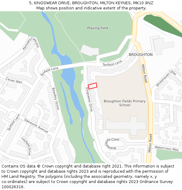 5, KINGSWEAR DRIVE, BROUGHTON, MILTON KEYNES, MK10 9NZ: Location map and indicative extent of plot