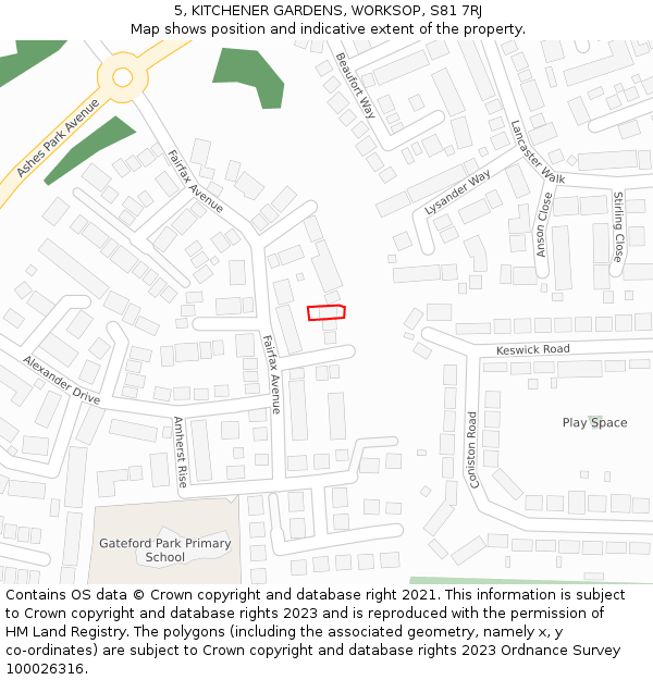 5, KITCHENER GARDENS, WORKSOP, S81 7RJ: Location map and indicative extent of plot