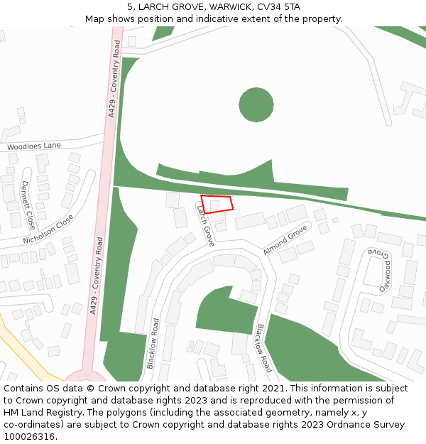 5, LARCH GROVE, WARWICK, CV34 5TA: Location map and indicative extent of plot