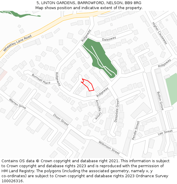 5, LINTON GARDENS, BARROWFORD, NELSON, BB9 8RG: Location map and indicative extent of plot