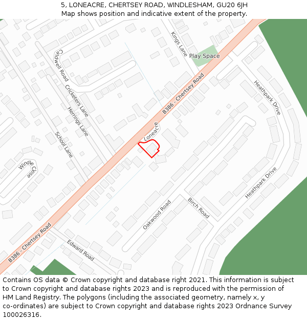 5, LONEACRE, CHERTSEY ROAD, WINDLESHAM, GU20 6JH: Location map and indicative extent of plot