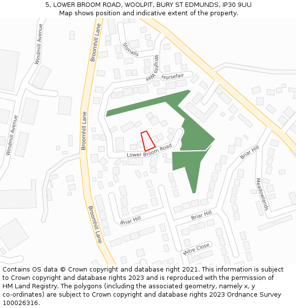 5, LOWER BROOM ROAD, WOOLPIT, BURY ST EDMUNDS, IP30 9UU: Location map and indicative extent of plot