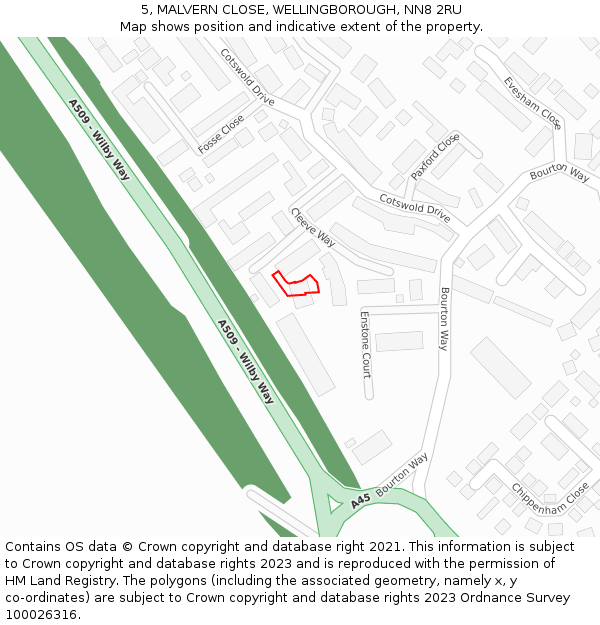 5, MALVERN CLOSE, WELLINGBOROUGH, NN8 2RU: Location map and indicative extent of plot