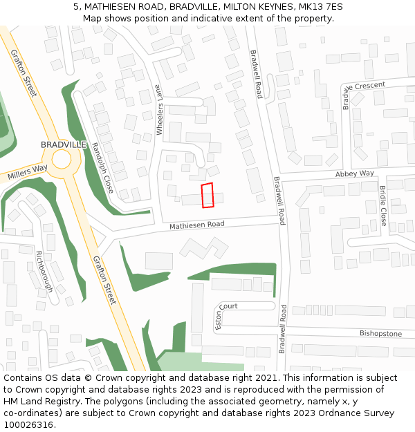 5, MATHIESEN ROAD, BRADVILLE, MILTON KEYNES, MK13 7ES: Location map and indicative extent of plot