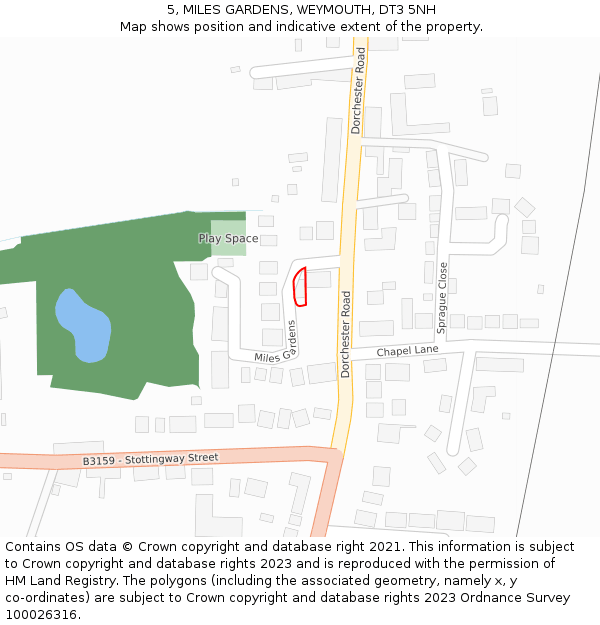 5, MILES GARDENS, WEYMOUTH, DT3 5NH: Location map and indicative extent of plot