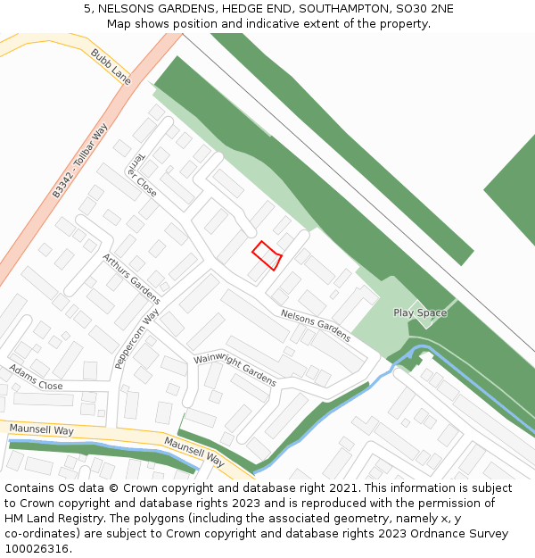 5, NELSONS GARDENS, HEDGE END, SOUTHAMPTON, SO30 2NE: Location map and indicative extent of plot