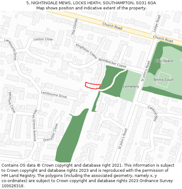 5, NIGHTINGALE MEWS, LOCKS HEATH, SOUTHAMPTON, SO31 6GA: Location map and indicative extent of plot