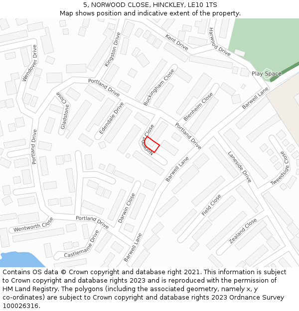 5, NORWOOD CLOSE, HINCKLEY, LE10 1TS: Location map and indicative extent of plot